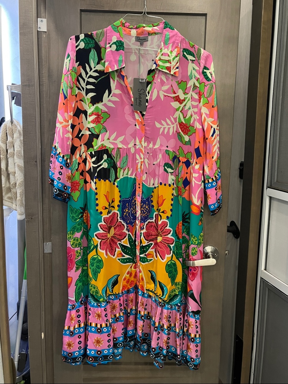 SHANA Pink, Green & Yellow Floral Tiered Midi Dress